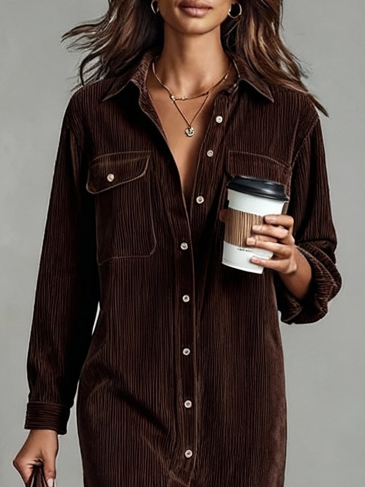 Chic Midi Dress - Soft Corduroy Long Sleeve Midi Dress with Double Chest Pockets 7