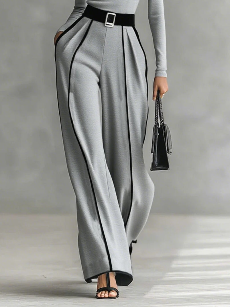 Elegant Women's Outfit - Turtleneck Top & Wide-Leg Pants Set with Belt 6
