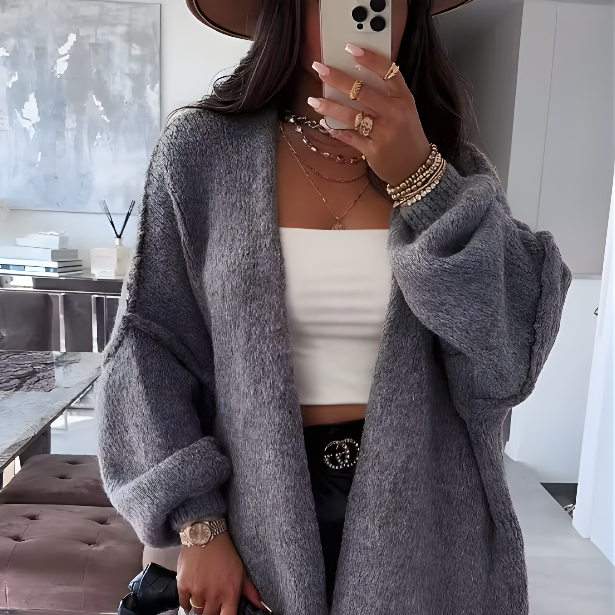 Flowing Knit Long Cardigan Sweater for Women - Elegant Black Design 1