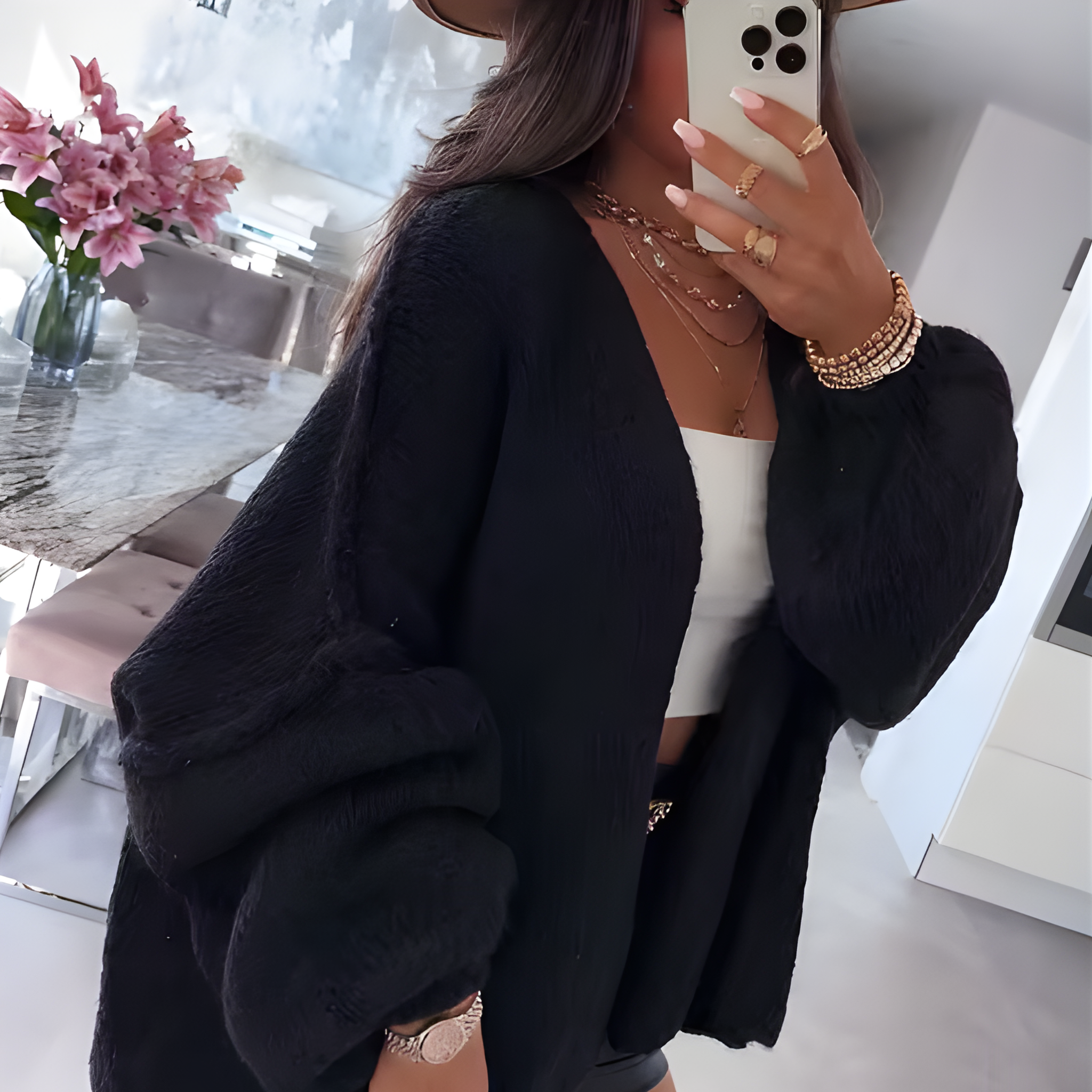 Flowing Knit Long Cardigan Sweater for Women - Elegant Black Design 3