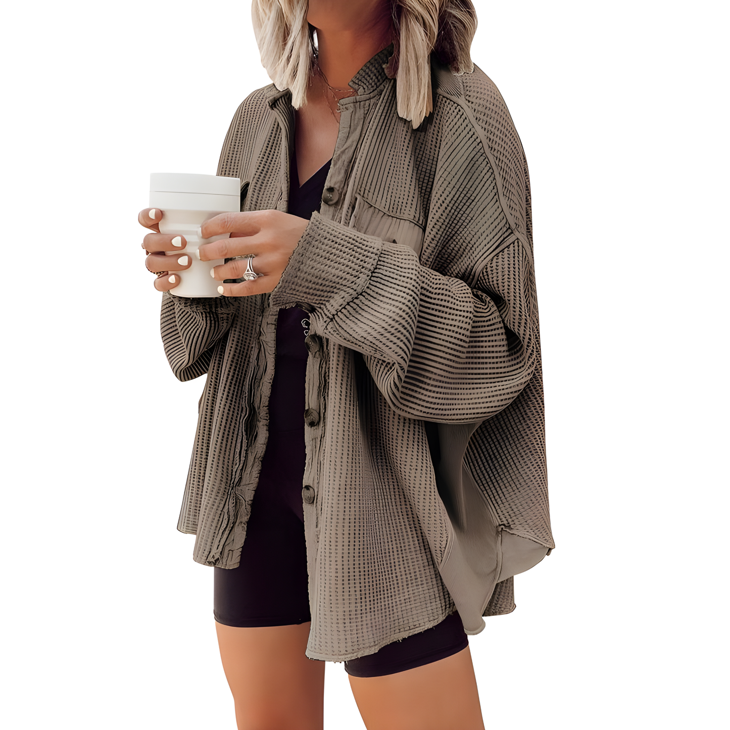 Serenity - Waffle Knit Shacket with Batwing Sleeves for Effortless Style 3