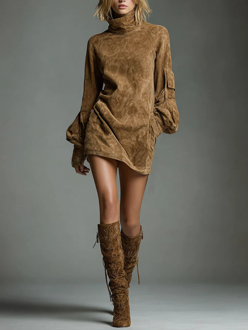Vintage Loose Suede Turtleneck Mini Dress for Women - Casual Retro Style 0