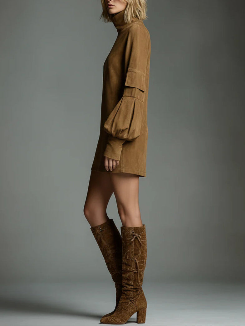 Vintage Loose Suede Turtleneck Mini Dress for Women - Casual Retro Style 3