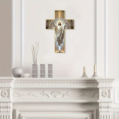A cross with the image of Jesus Christ hanging on the wall