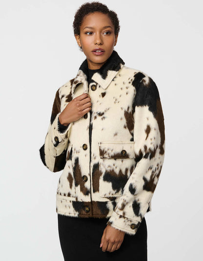 Cozy Dakota Cow Print Jacket with Soft Fleece Lining for Ultimate Comfort