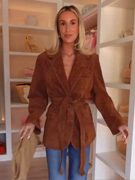 ChicAura - Women's Coat | Suede Belted Jacket with Pockets, Long Sleeve Lapel Design for Autumn 0
