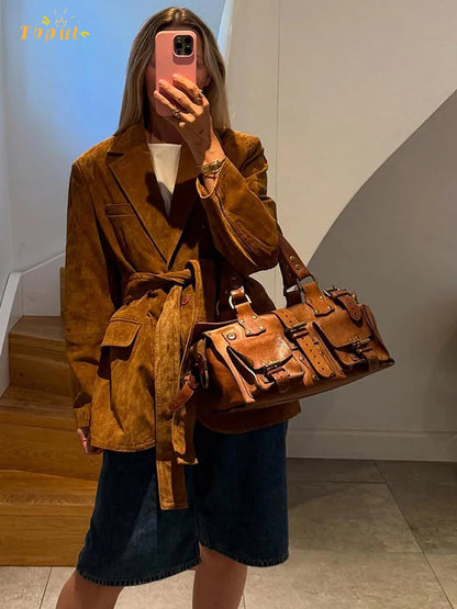 ChicAura - Women's Coat | Suede Belted Jacket with Pockets, Long Sleeve Lapel Design for Autumn 2