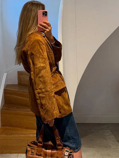 ChicAura - Women's Coat | Suede Belted Jacket with Pockets, Long Sleeve Lapel Design for Autumn 3