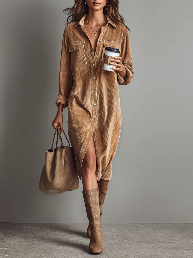 Chic Midi Dress - Soft Corduroy Long Sleeve Midi Dress with Double Chest Pockets 0