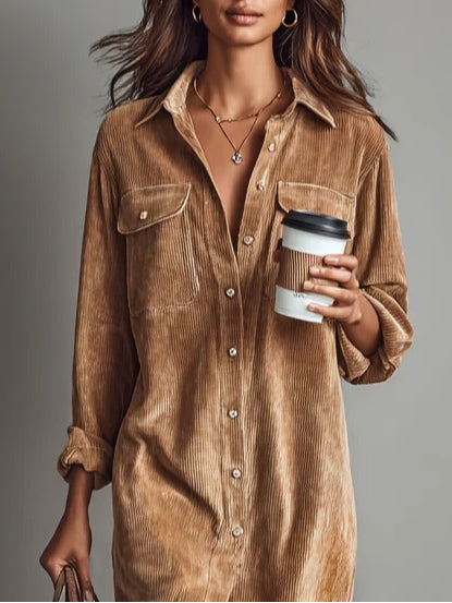 Chic Midi Dress - Soft Corduroy Long Sleeve Midi Dress with Double Chest Pockets 1