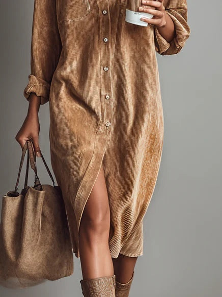 Chic Midi Dress - Soft Corduroy Long Sleeve Midi Dress with Double Chest Pockets 2