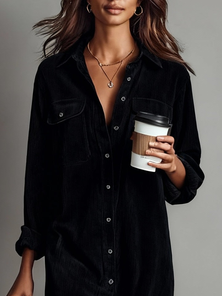Chic Midi Dress - Soft Corduroy Long Sleeve Midi Dress with Double Chest Pockets 4