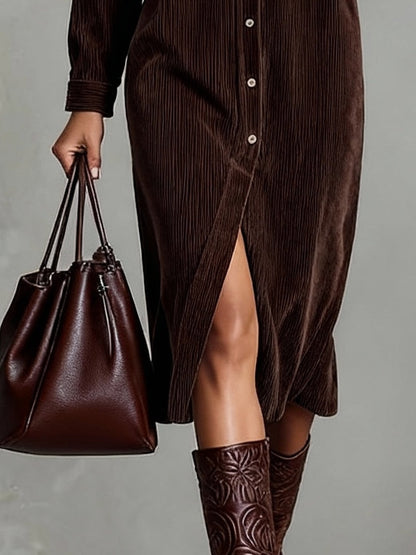 Chic Midi Dress - Soft Corduroy Long Sleeve Midi Dress with Double Chest Pockets 8