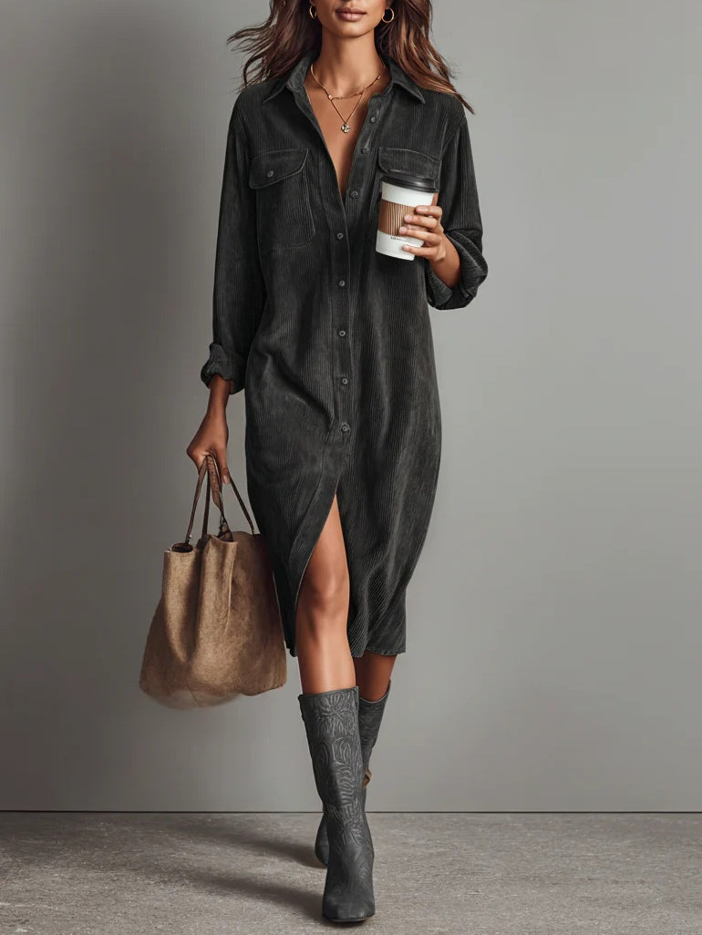 Chic Midi Dress - Soft Corduroy Long Sleeve Midi Dress with Double Chest Pockets 9
