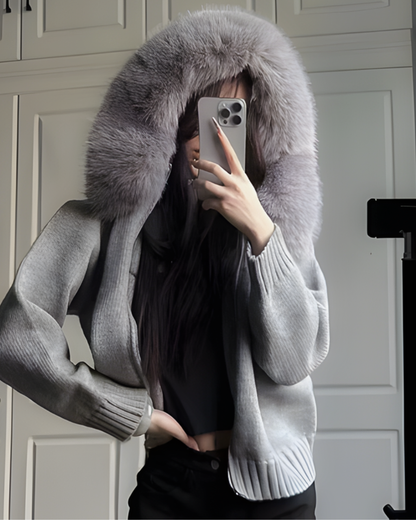 Cozy Knit Women's Cardigan Sweater with Plush Faux-Fur Hood - Zip-Up Design 2