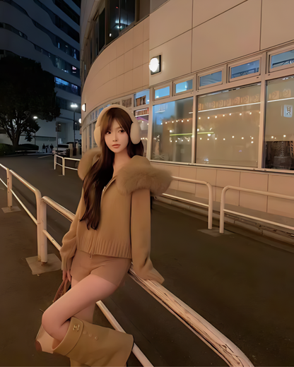 Cozy Knit Women's Cardigan Sweater with Plush Faux-Fur Hood - Zip-Up Design 7