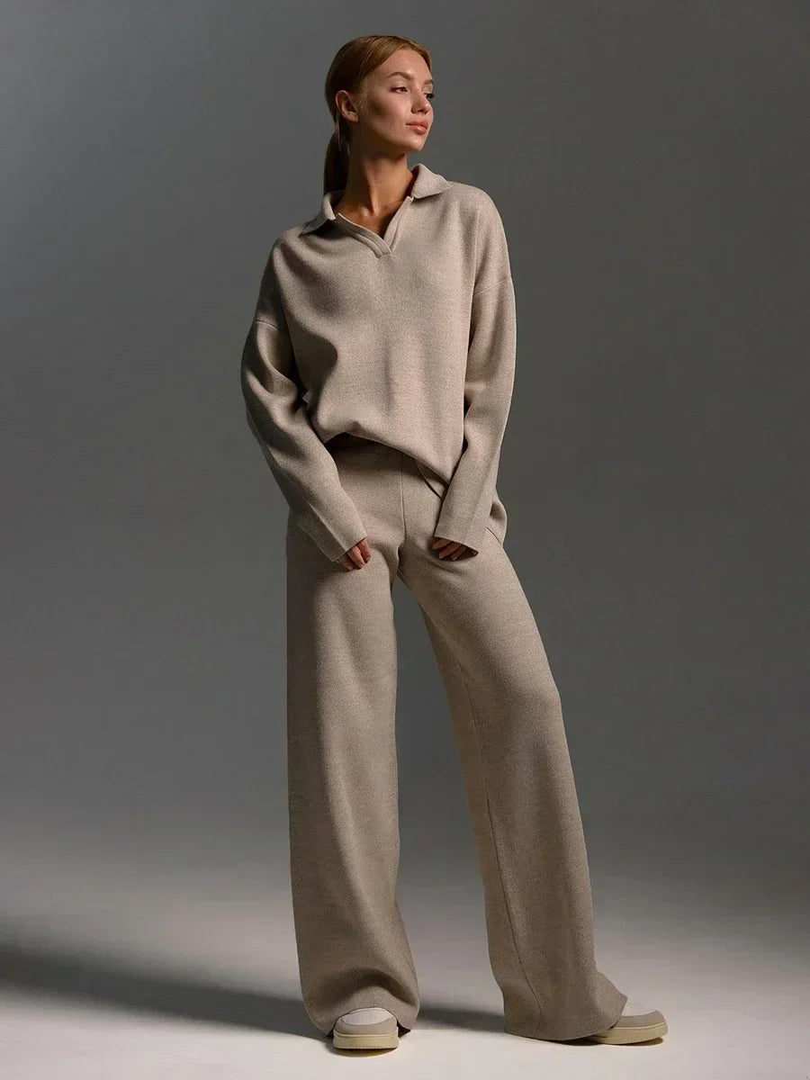 Elegance-Urban - Women's Knit Lounge Set | Polo Neck Sweater & High-Waisted Wide-Leg Pants for Cozy Comfort 0