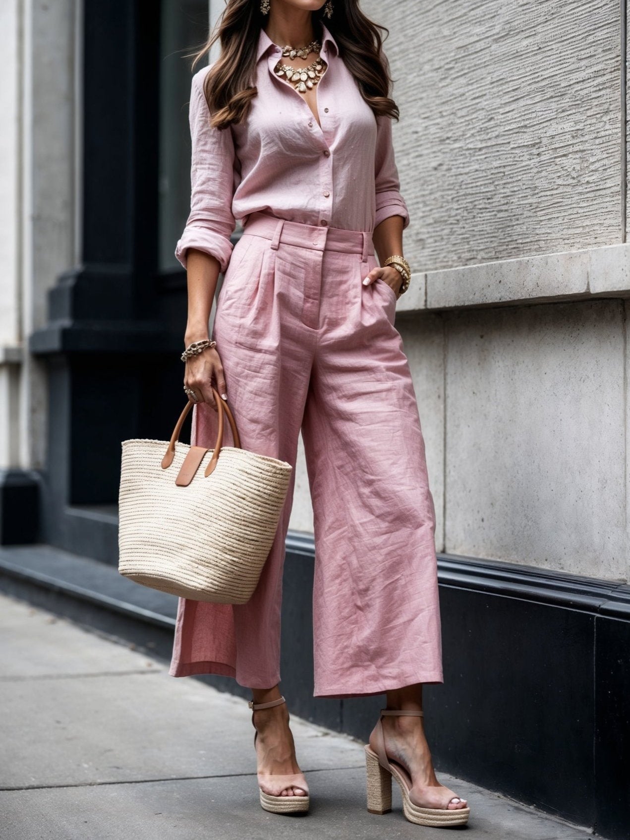 Elegant Linen Set - Women's Wide-Leg Capri Pants & Relaxed Fit Shirt 0