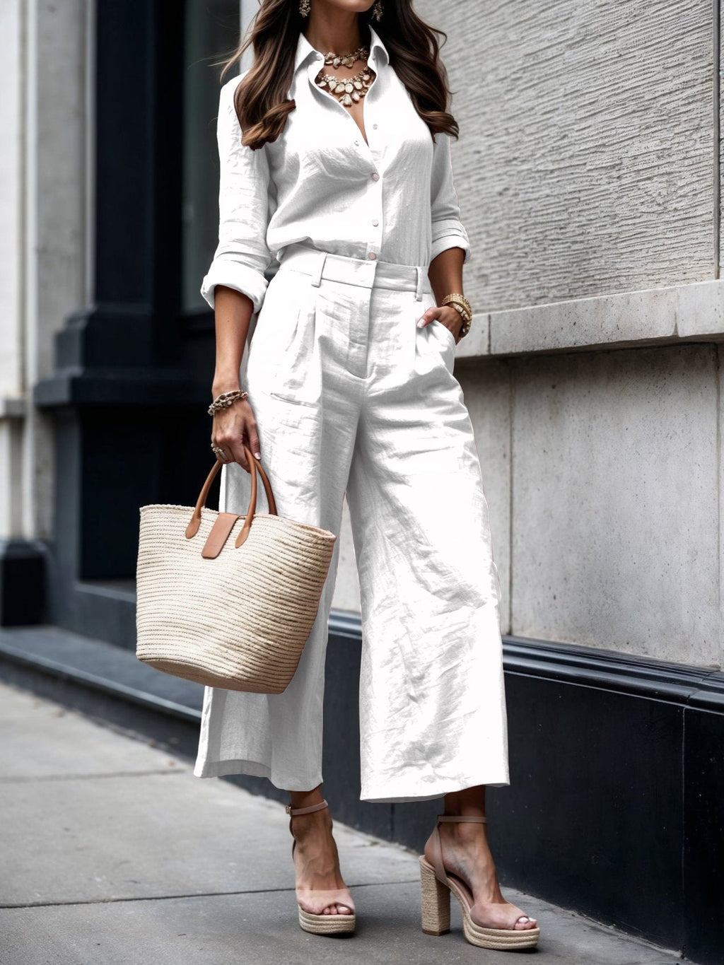 Elegant Linen Set - Women's Wide-Leg Capri Pants & Relaxed Fit Shirt 3