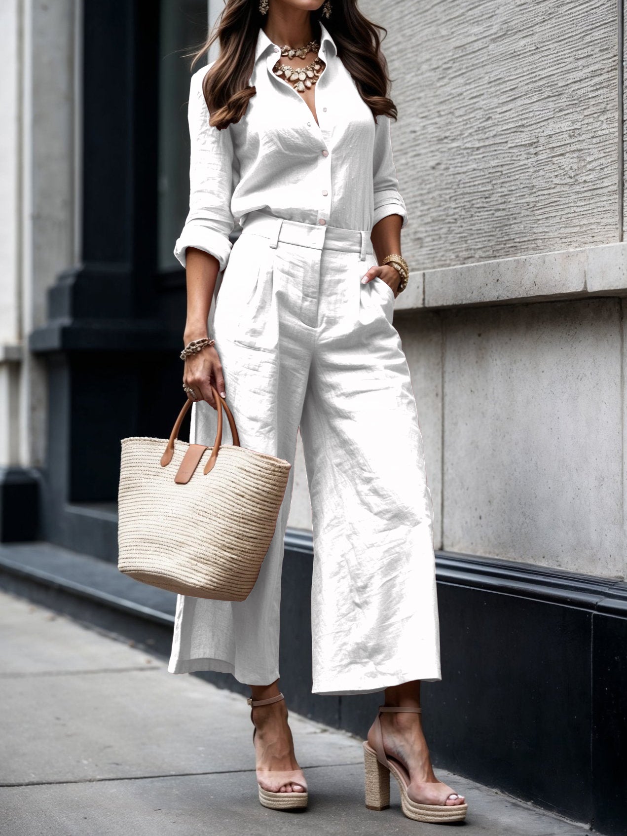 Elegant Linen Set - Women's Wide-Leg Capri Pants & Relaxed Fit Shirt 3