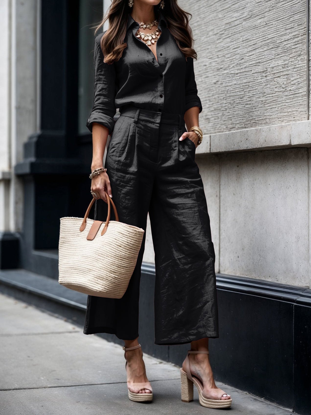 Elegant Linen Set - Women's Wide-Leg Capri Pants & Relaxed Fit Shirt 4