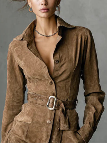 Elegant Suede Long Sleeve Midi Dress with Lapel Collar for Women 2