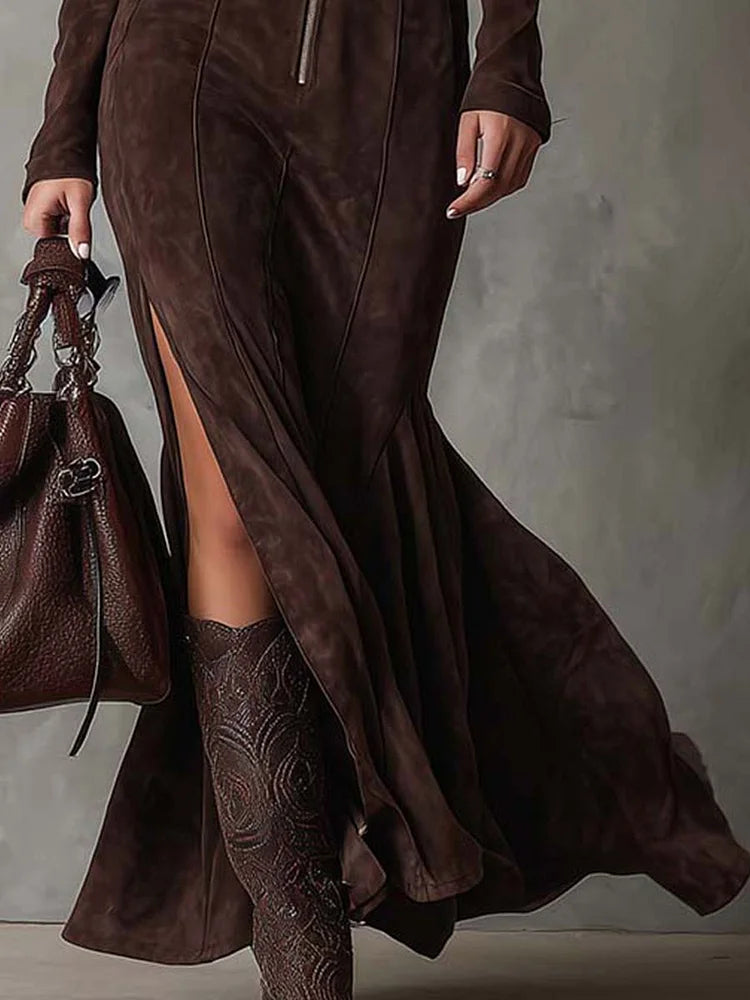 Elegant Vintage Brown Maxi Dress with Zipper Front & Belted Waist for Women 4