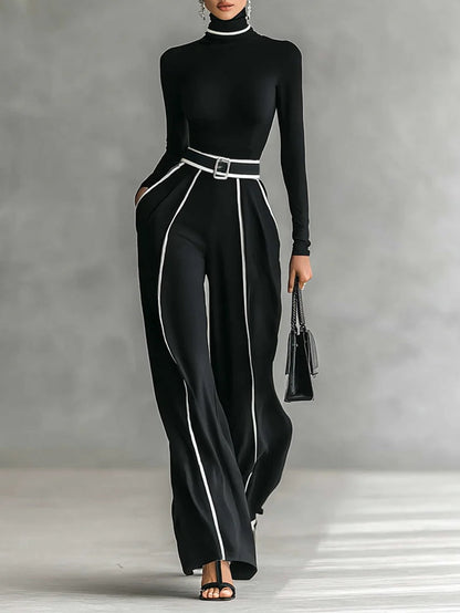 Elegant Women's Outfit - Turtleneck Top & Wide-Leg Pants Set with Belt 0