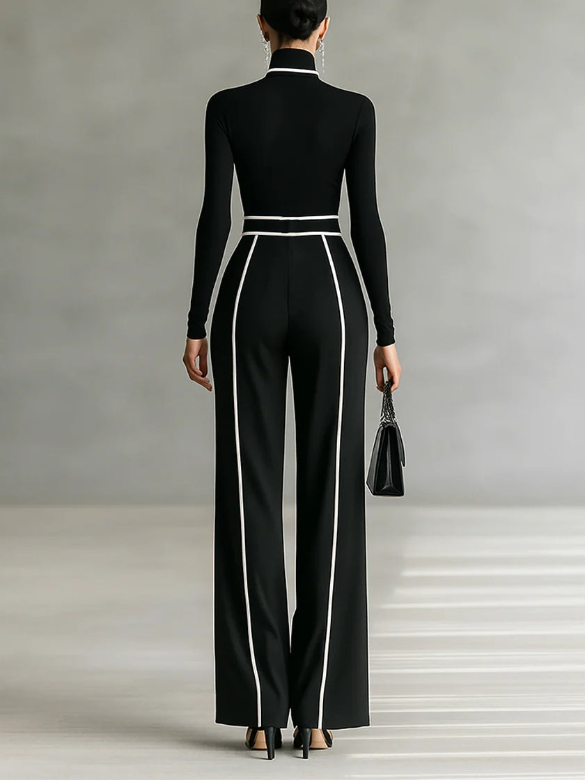 Elegant Women's Outfit - Turtleneck Top & Wide-Leg Pants Set with Belt 1