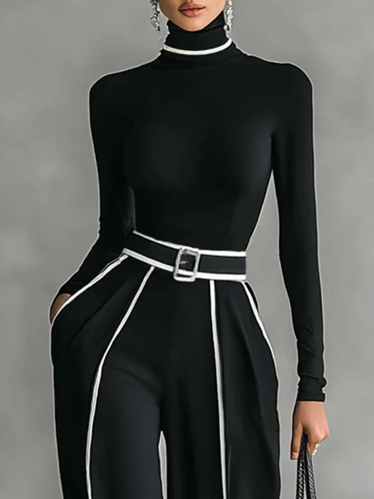 Elegant Women's Outfit - Turtleneck Top & Wide-Leg Pants Set with Belt 2