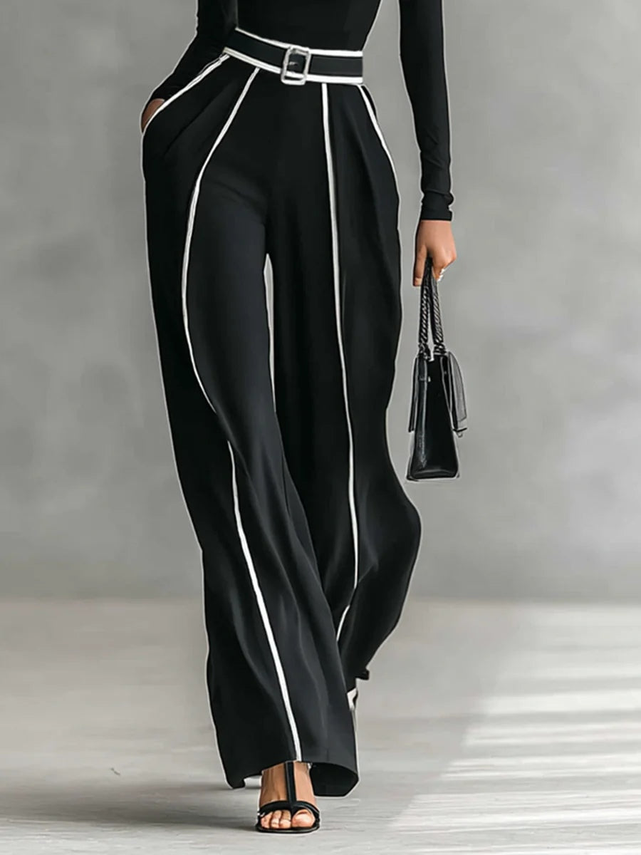 Elegant Women's Outfit - Turtleneck Top & Wide-Leg Pants Set with Belt 3