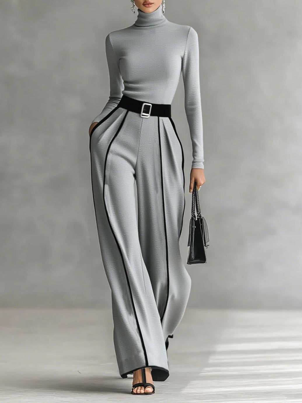 Elegant Women's Outfit - Turtleneck Top & Wide-Leg Pants Set with Belt 4