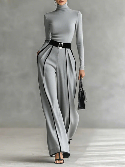 Elegant Women's Outfit - Turtleneck Top & Wide-Leg Pants Set with Belt 4
