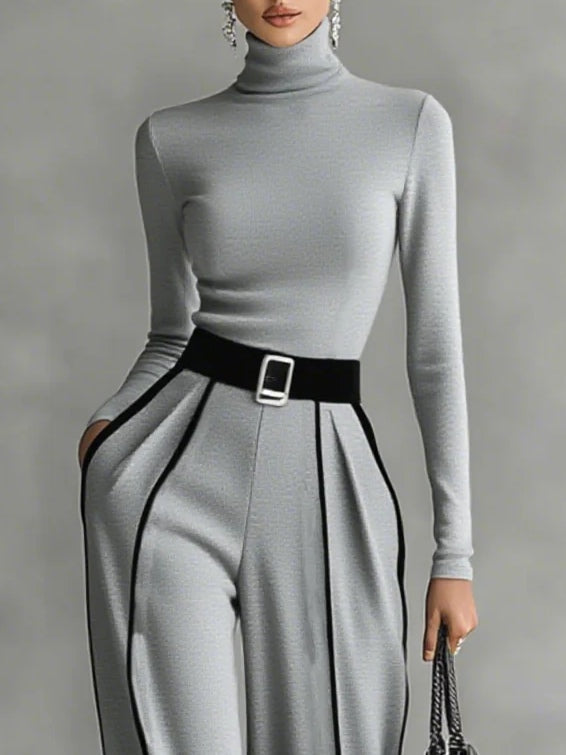Elegant Women's Outfit - Turtleneck Top & Wide-Leg Pants Set with Belt 5