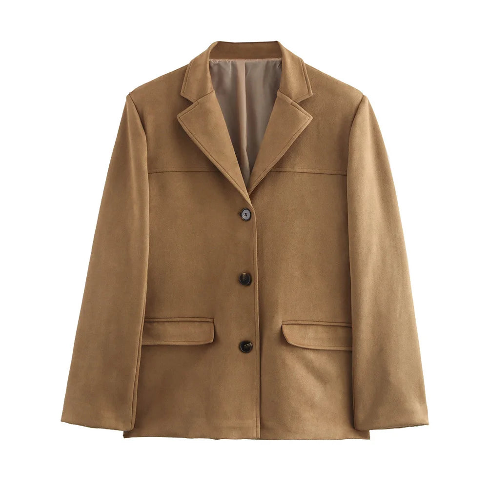 VintageCharm - Women's Brown Suede Jacket | Stylish Winter Coat for Demi-Season Wear, Regular Fit, Zipper Closure 0