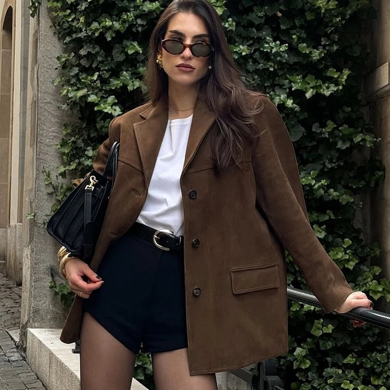 VintageCharm - Women's Brown Suede Jacket | Stylish Winter Coat for Demi-Season Wear, Regular Fit, Zipper Closure 1