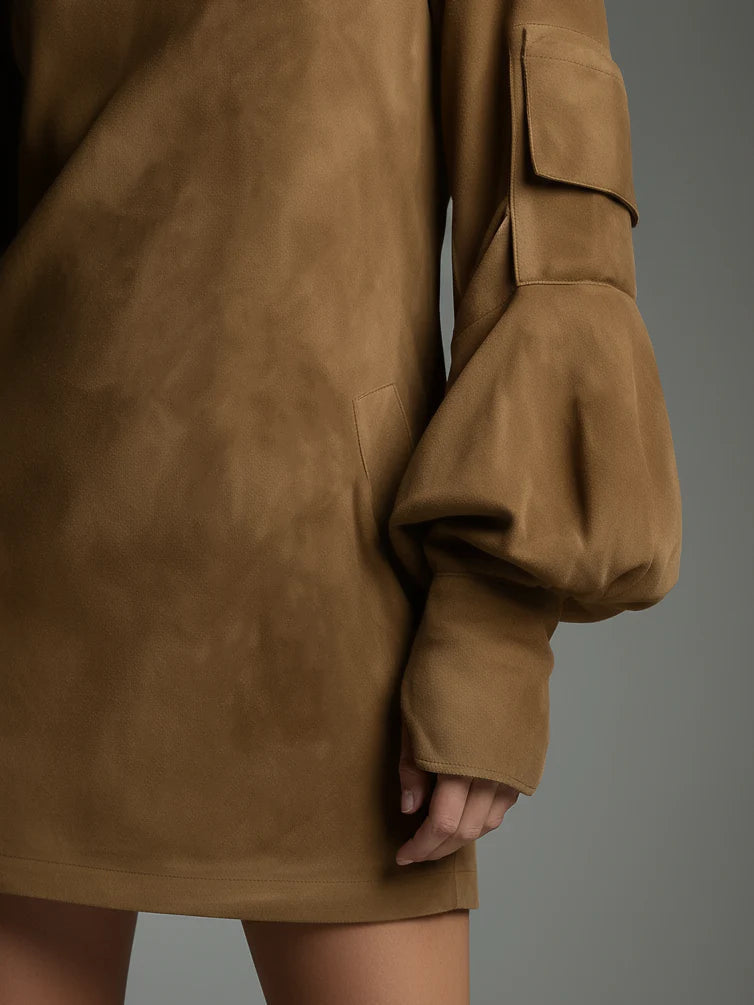 Vintage Loose Suede Turtleneck Mini Dress for Women - Casual Retro Style 2