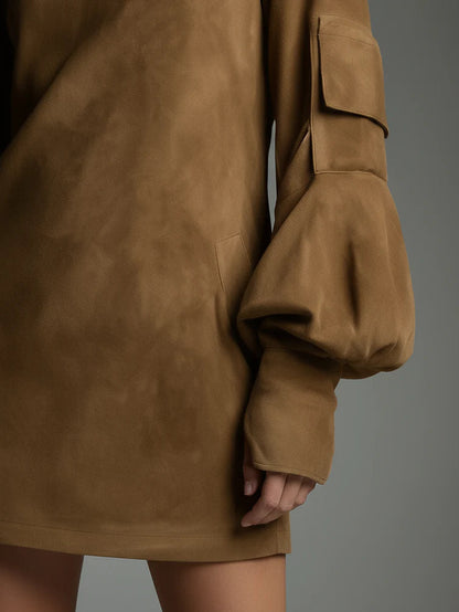 Vintage Loose Suede Turtleneck Mini Dress for Women - Casual Retro Style 2