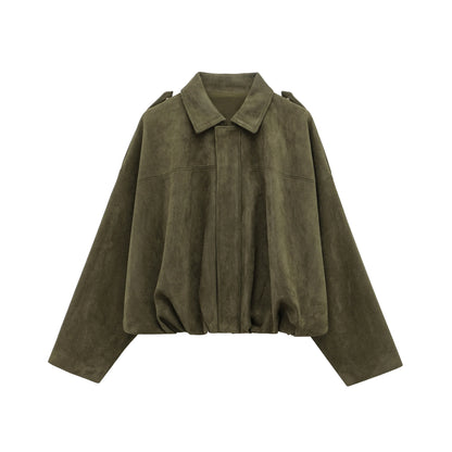 Stylish Women's Suede Bomber Jacket in Brown and Green – Vintage Motorcycle Coat with Cozy Fleece Lining and Zipper Closure